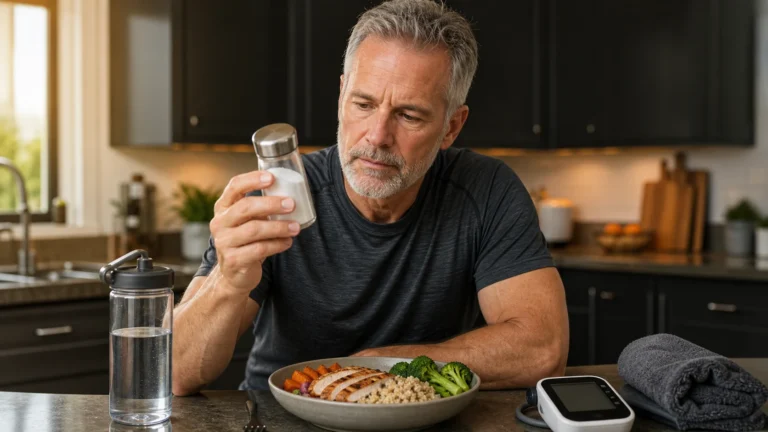 Man over 50 considering extra salt beside a healthy meal water bottle and blood pressure monitor