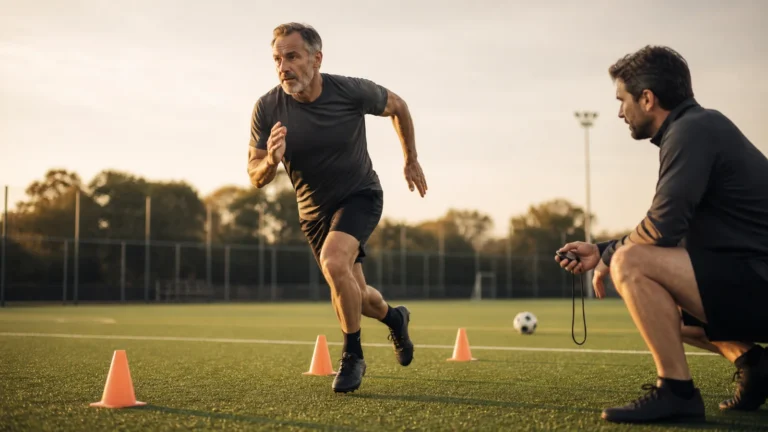 Soccer Conditioning | Build Match Fitness, Speed, and Repeat-Sprint Capacity 1 Male soccer player over 50 completing a timed acceleration drill with cones