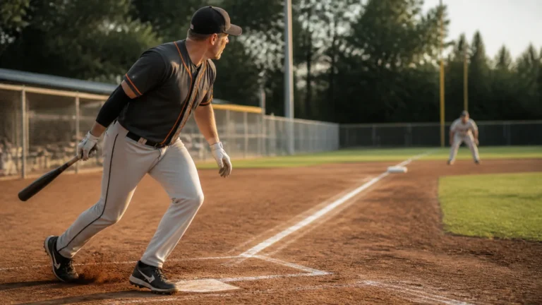 Male softball player over 45 accelerating out of the batter box