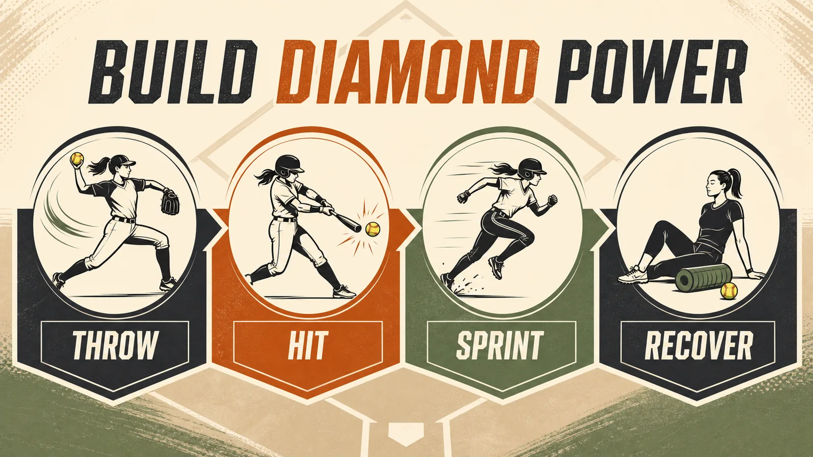 Softball performance path showing throw hit sprint brake and recover