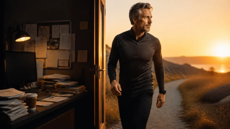 Stress Relief Workouts | 5 Evidence-Based Ways to Move and Reset 11 Man over 50 leaving a stressful workspace for a restorative outdoor walk
