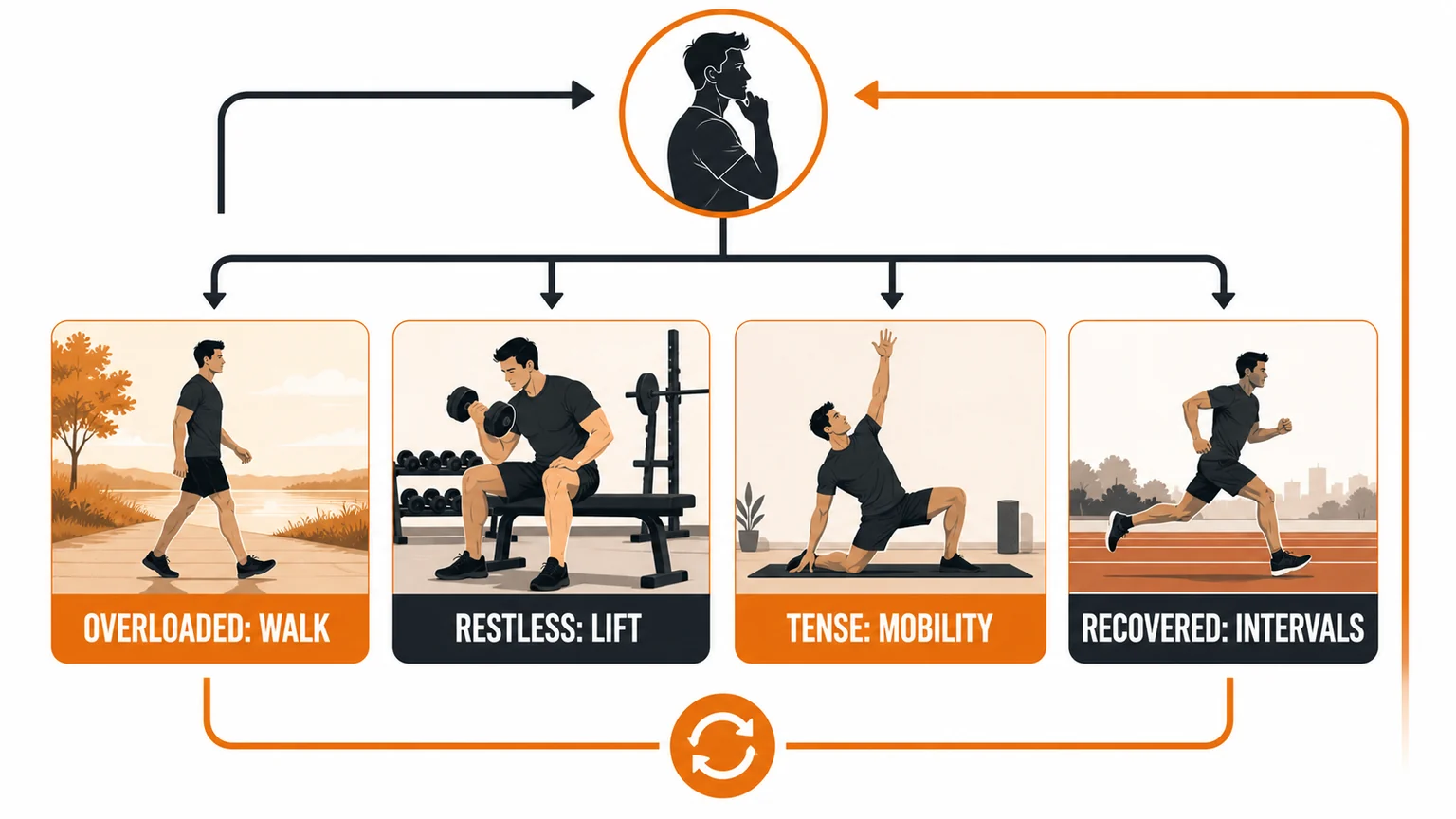 Stress relief workout decision path from current state to movement dose and recovery check