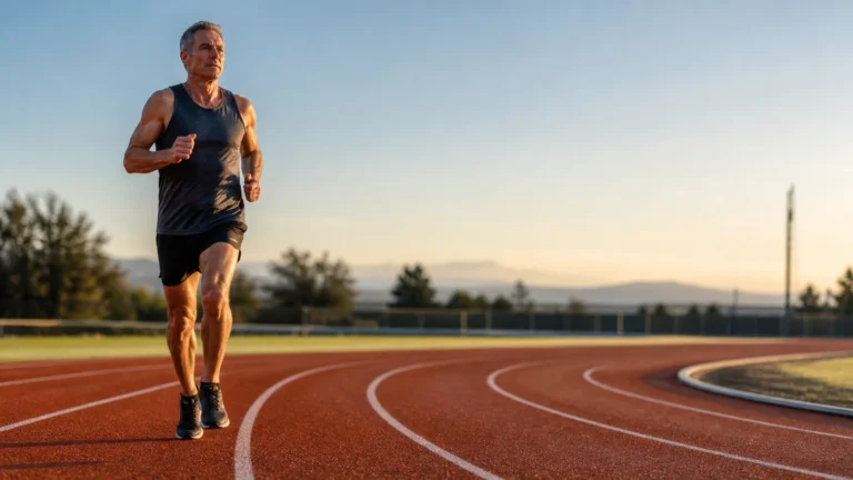 Male distance runner over 50 completing a controlled interval on an outdoor track