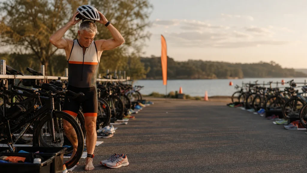 Male triathlete over 50 rehearsing an organized bike-to-run transition