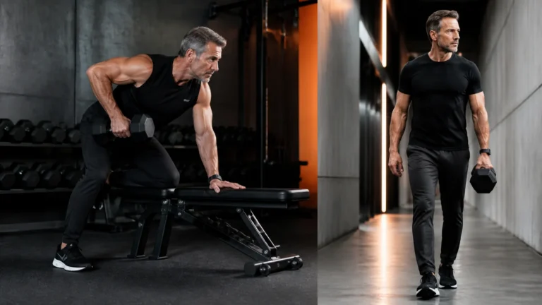 Man over 50 training a one-arm row and suitcase carry