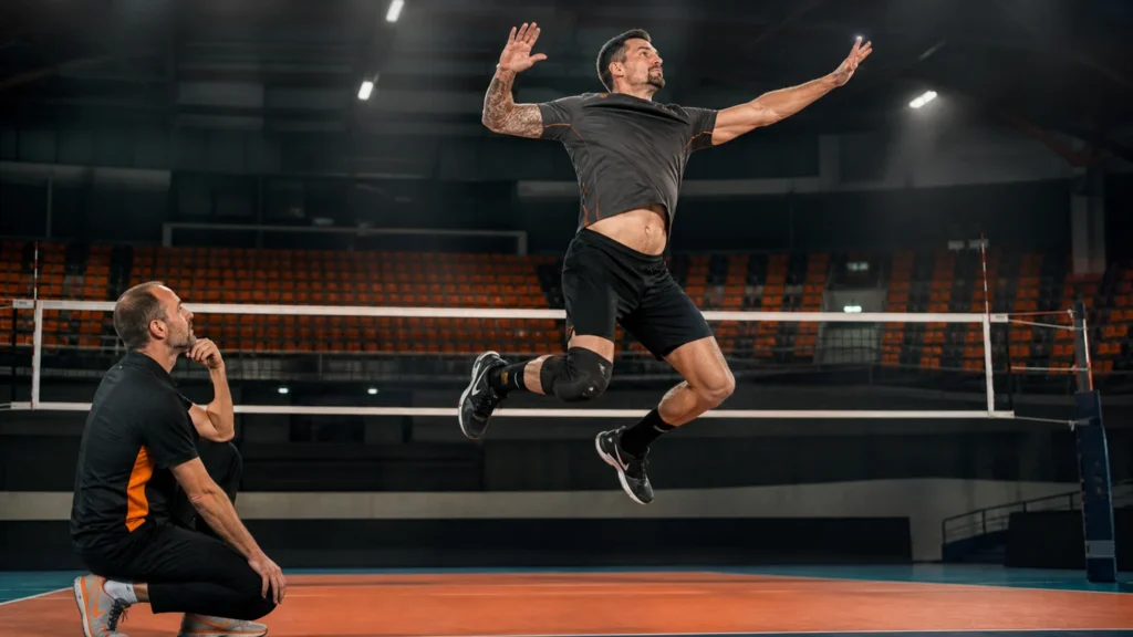 Male volleyball player over 45 completing an explosive approach jump