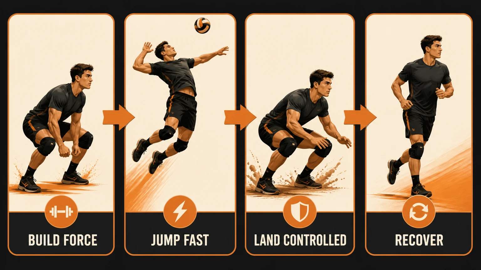 Volleyball training path from strength to approach jump landing and recovery