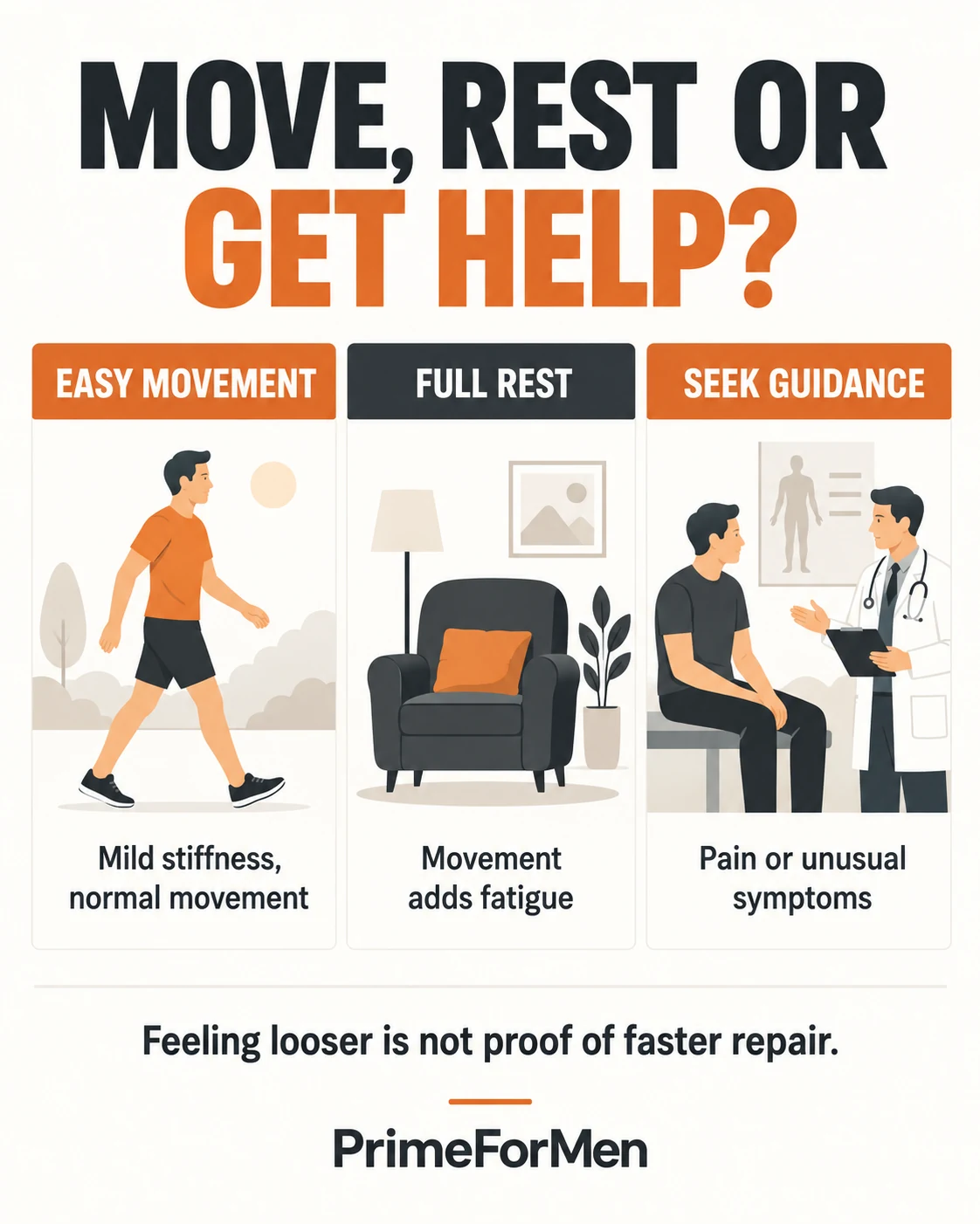 Active Recovery Workouts | When to Move, Rest or Get Help 3 Recovery decision aid: easy movement for manageable stiffness, rest for fatigue, guidance for concerning symptoms.