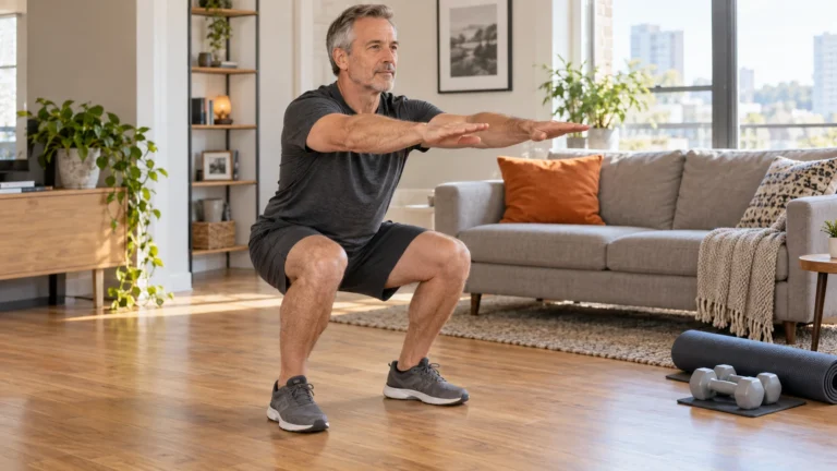 Apartment-Friendly Workouts | A Quiet Strength and Cardio Plan 9 Man over 50 performing a controlled squat with feet planted in a clear apartment living room