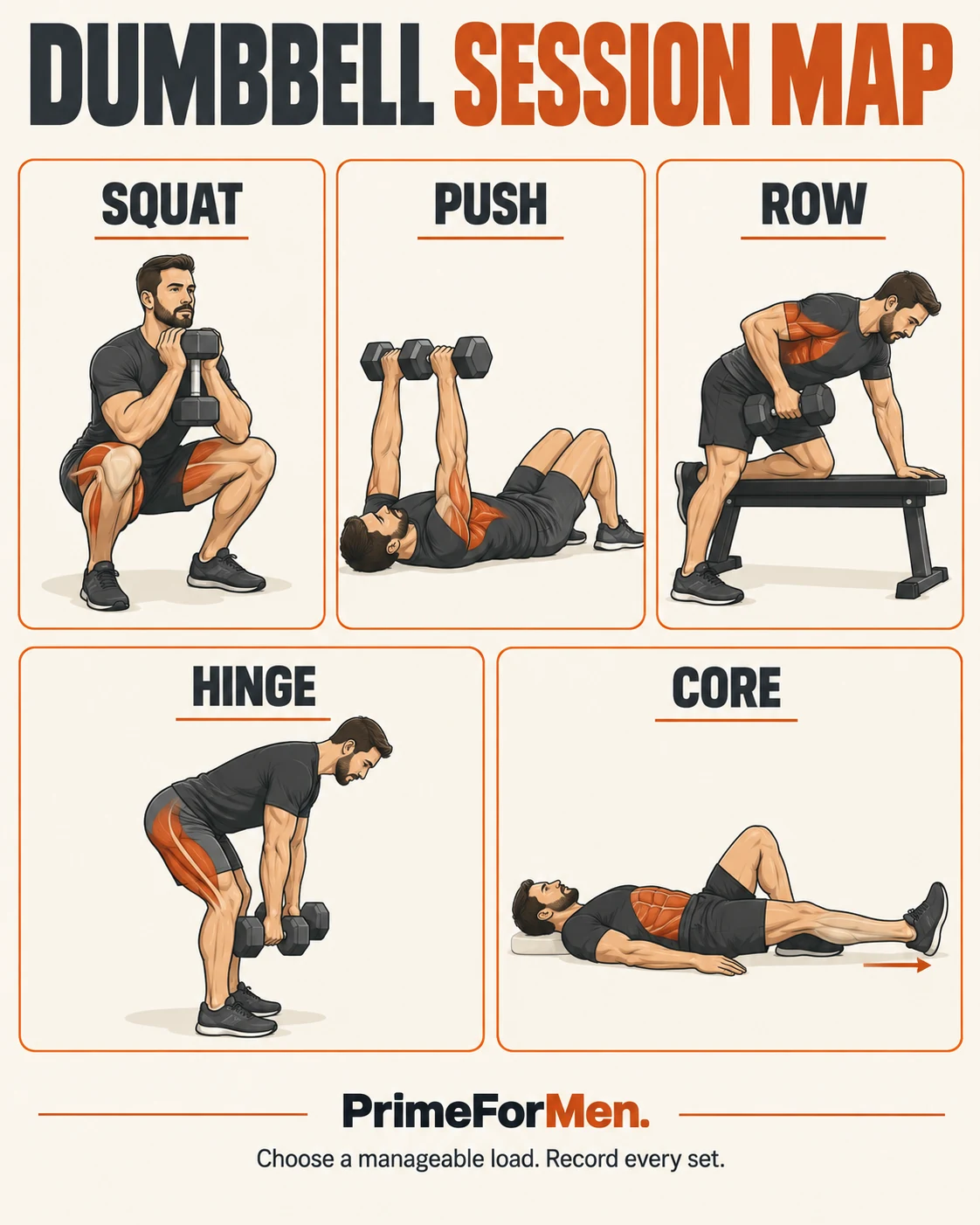 Dumbbell-Only Home Workout Plan | Three Days, Clear Progression 3 Dumbbell movement map: squat, push, row, hinge and core control.