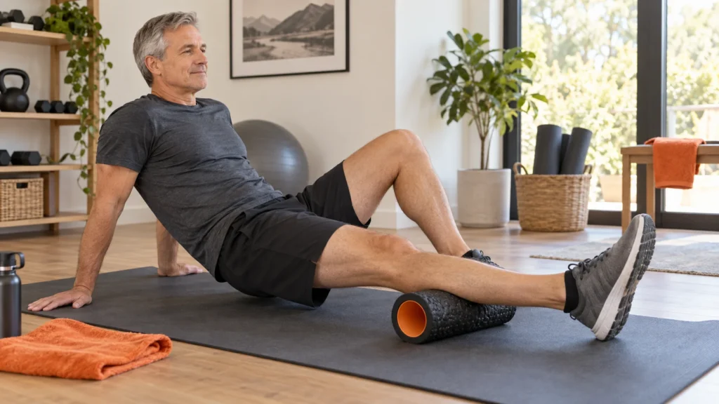 Man over 50 using a foam roller under his calf with the opposite foot supporting pressure