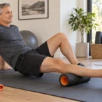 Man over 50 using a foam roller under his calf with the opposite foot supporting pressure