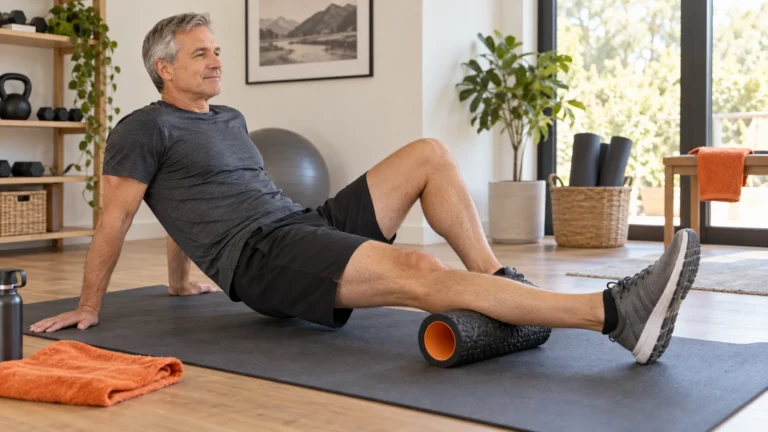 Foam Rollers | How to Use Them and When to Skip Them 12 Man over 50 using a foam roller under his calf with the opposite foot supporting pressure