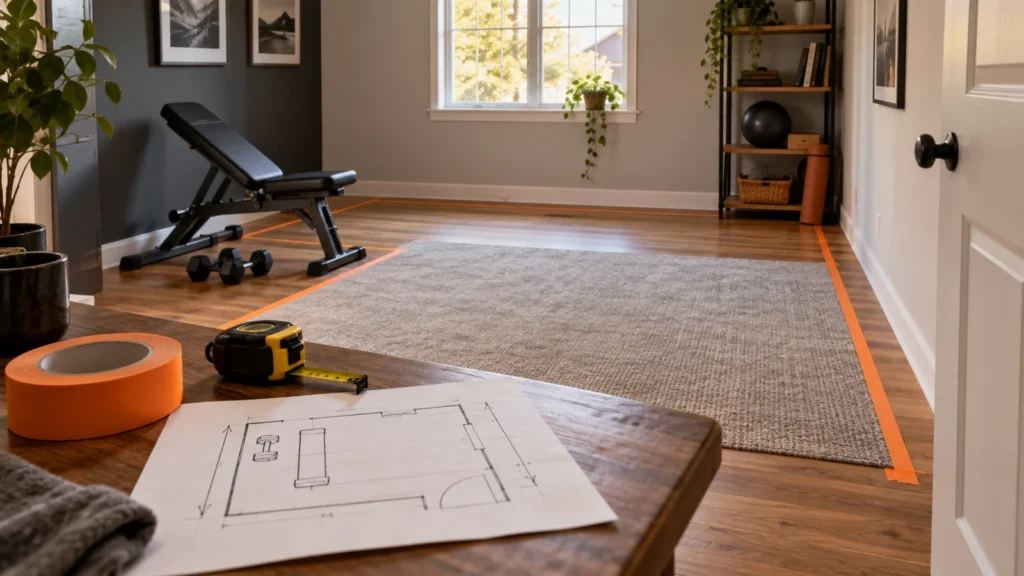 Conceptual illustration of a spare-room gym being planned with a tape measure and room sketch