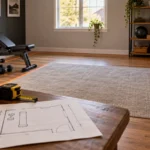 Conceptual illustration of a spare-room gym being planned with a tape measure and room sketch