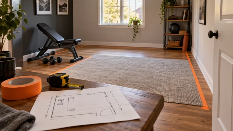 Conceptual illustration of a spare-room gym being planned with a tape measure and room sketch