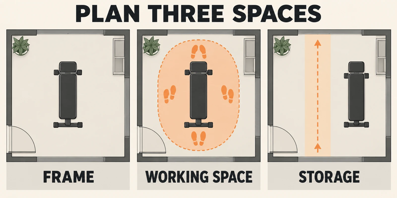 Home Gym Layout | Floor Plans, Working Space and Storage 3 Conceptual diagram distinguishing equipment frame, working space and storage position
