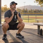 Adult recreational baseball player practicing a goblet squat beside a field