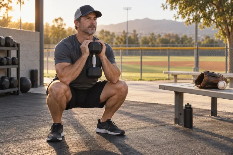Off-Season Baseball Strength Program | A Clear 16-Week Plan 1 Adult recreational baseball player practicing a goblet squat beside a field