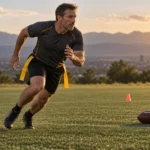 Adult flag football player practicing acceleration on turf