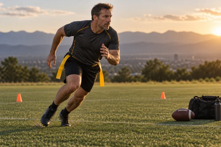 Football-Specific Workouts | Strength, Speed and a Usable Weekly Plan 5 Adult flag football player practicing acceleration on turf