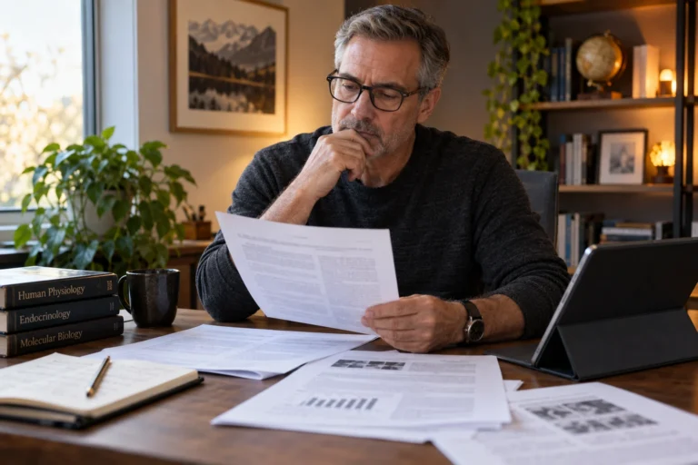 What Peptides Increase Testosterone? | Evidence and Risks 1 Man reviewing scientific information about hormone research at a desk