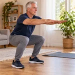 Man over 50 practicing a controlled squat in a home workout space