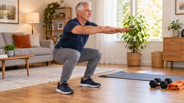 Man over 50 practicing a controlled squat in a home workout space