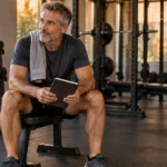 Man over 50 reviewing his training notebook between strength sets