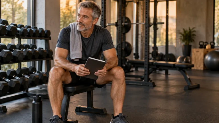 Exercises to Boost Testosterone | What Training Can and Cannot Do 2 Man over 50 reviewing his training notebook between strength sets