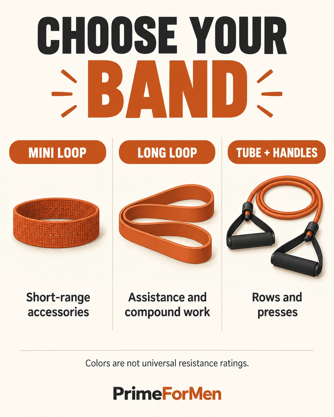 Band comparison: mini loop for short-range work, long loop for larger movements, tube with handles for pulling and pressing.