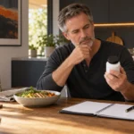Man over 50 reading a supplement label beside a meal and habit planner