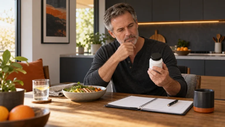 Testosterone Boosters and Weight Loss | Evidence and Practical Next Steps 10 Man over 50 reading a supplement label beside a meal and habit planner