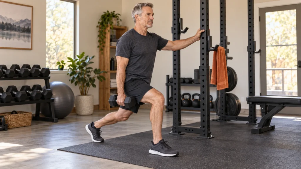 Man over 50 performing a supported split squat with both feet on the floor