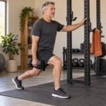 Man over 50 performing a supported split squat with both feet on the floor