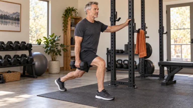 Unilateral Training | Exercises, Sets and a Practical Two-Day Plan 11 Man over 50 performing a supported split squat with both feet on the floor
