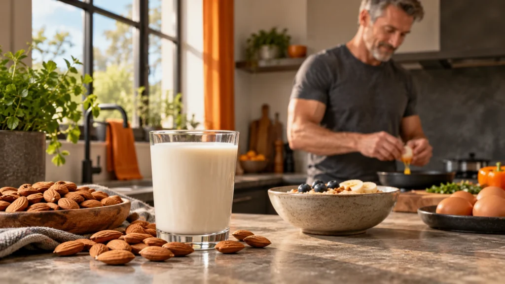 Editorial illustration: almond milk, almonds and a balanced breakfast
