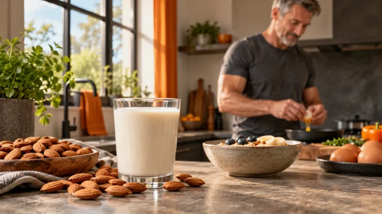 Is Almond Milk Good for Testosterone? | Evidence and Milk Choices 14 Editorial illustration: almond milk, almonds and a balanced breakfast