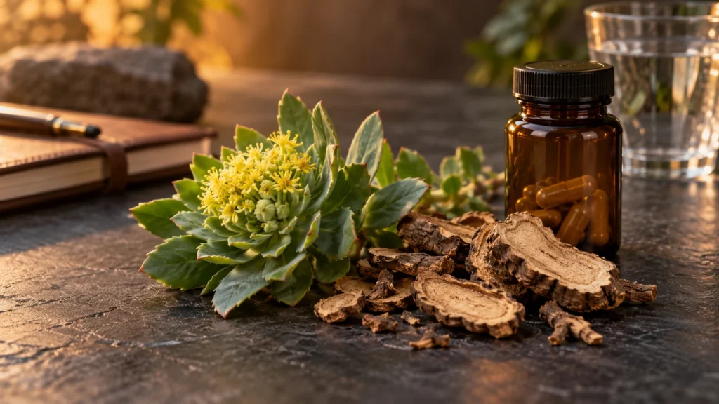 Editorial illustration: Rhodiola botanical illustration with root and an unbranded supplement bottle