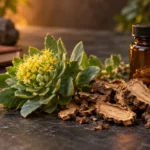 Editorial illustration: Rhodiola botanical illustration with root and an unbranded supplement bottle