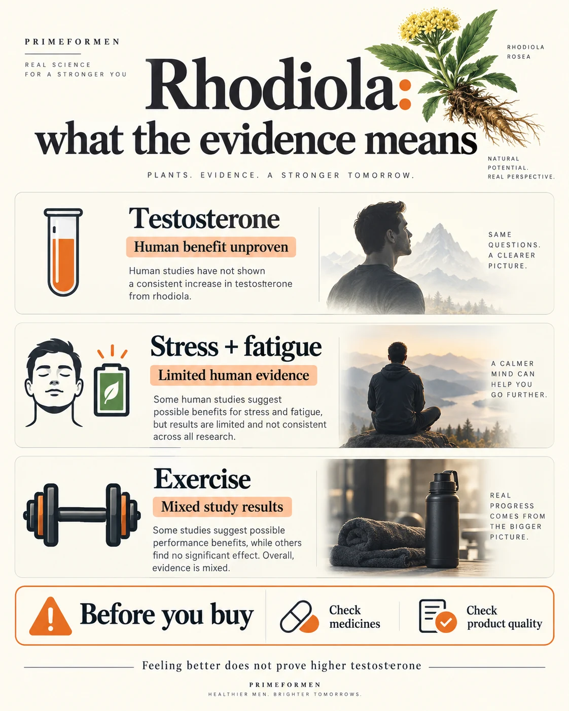 Does Rhodiola Increase Testosterone? | Human Evidence and Safety 3 Rhodiola evidence infographic: testosterone benefit in humans is unproven, stress and fatigue evidence is limited, exercise findings are mixed, and medicines and product quality need checking.