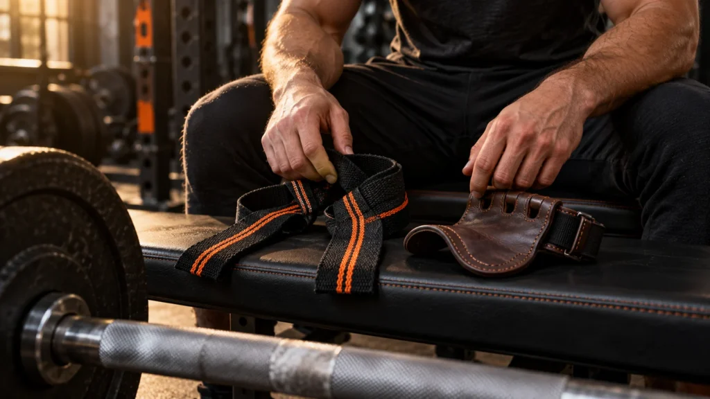Cotton loop and leather palm-grip lifting aids beside an unloaded bar in an illustrative gym scene.