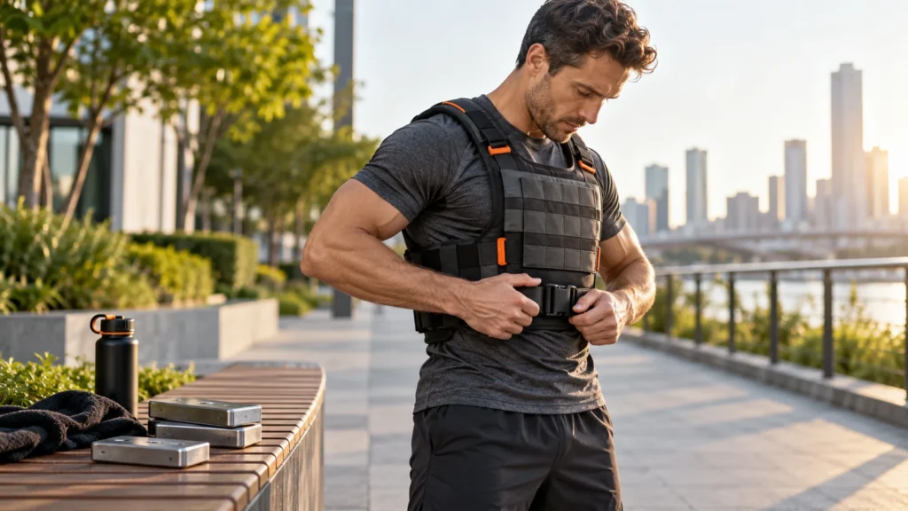 Illustrative athlete checking a weighted vest before outdoor training.