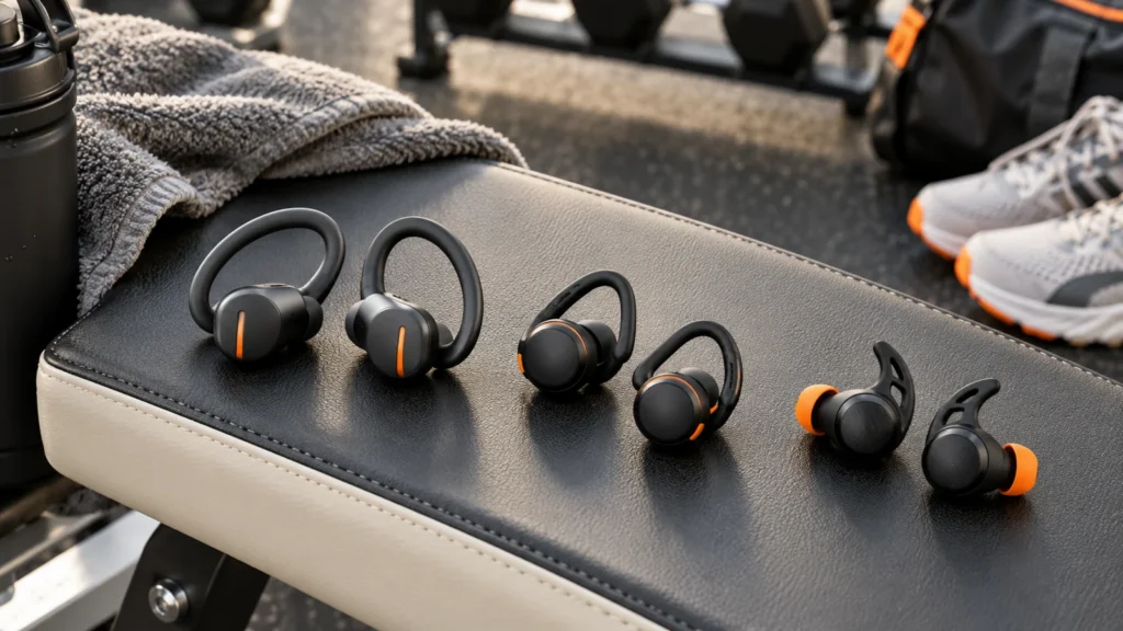 Illustrative ear-hook and wingtip sports-earbud designs on a gym bench.