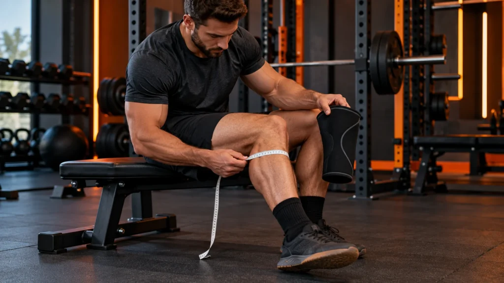 Illustrative lifter measuring leg circumference before choosing a knee sleeve.