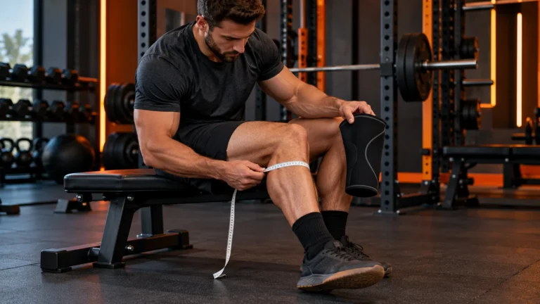 Best Knee Sleeves for Lifting | Model Fit, Sizing and Pair Cost 6 Illustrative lifter measuring leg circumference before choosing a knee sleeve.