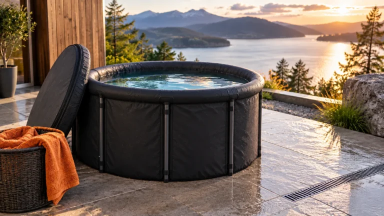 Best Cold Plunge Tubs for Home | Real Setup and Water-Load Checks 5 Illustrative portable cold-plunge setup on a ground-level patio with clear access.