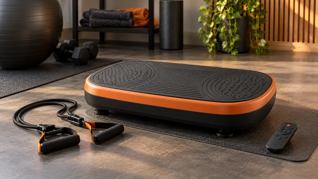 Illustrative home vibration platform with its controls and accessories.