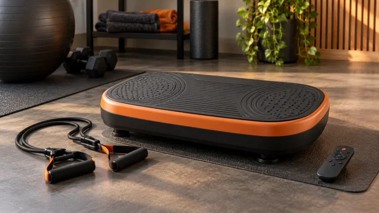 Best Vibration Plates for Men | Exact Models, Specs and Limits 3 Illustrative home vibration platform with its controls and accessories.
