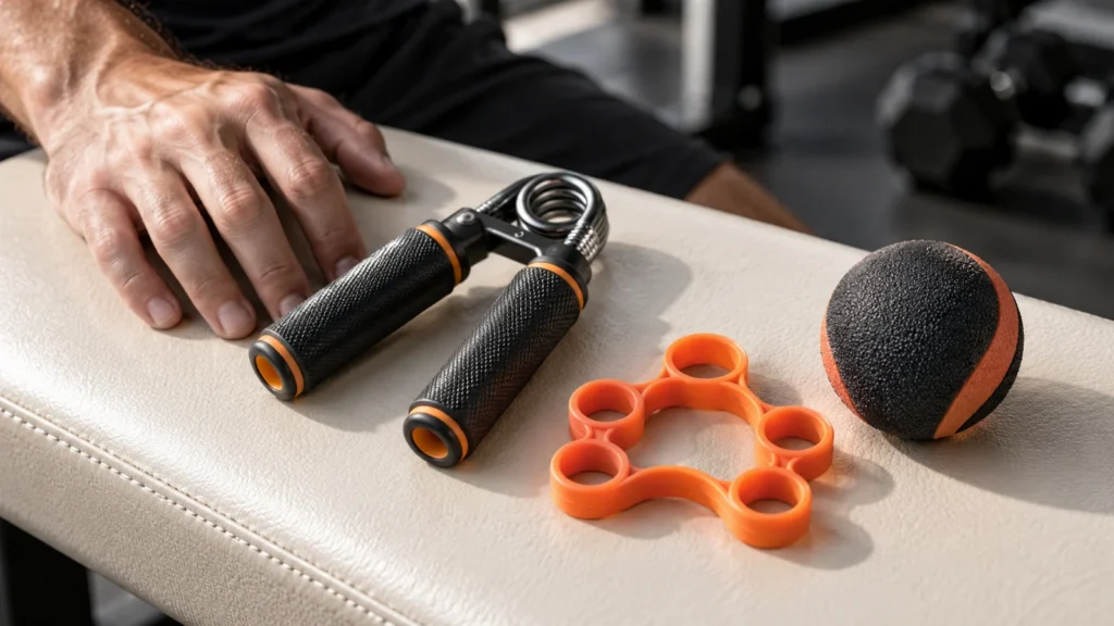 Illustrative adjustable hand gripper, finger-opening loop and squeeze ball.